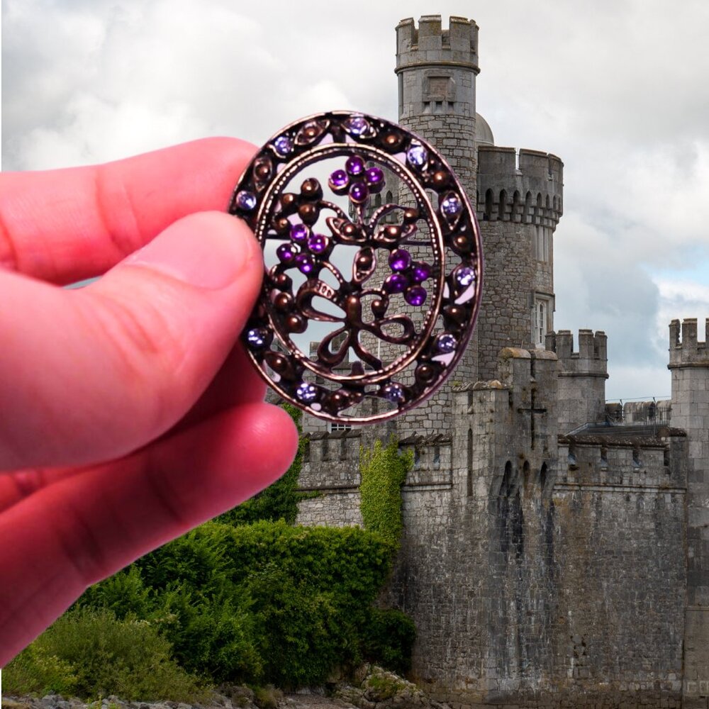 Vintage-Inspired Floral Filigree Brooch with Purple & Clear Stones